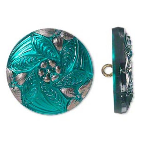 Picture of Czech Glass Button Floral Design 27mm Turquoise Blue and Silver x1