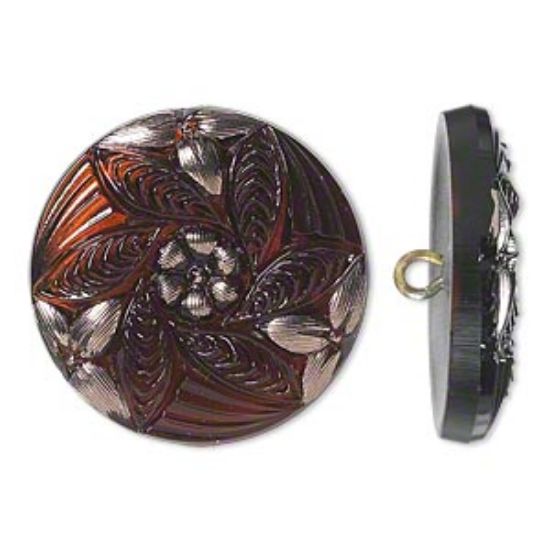 Picture of Czech Glass Button Floral Design 27mm Brown and Silver x1