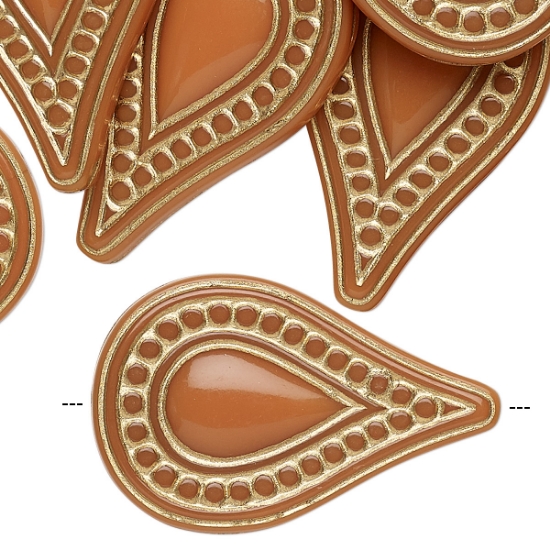 Picture of Vintage Acrylic flat textured Teardrop 35x22mm Burnt Orange / Gold x1