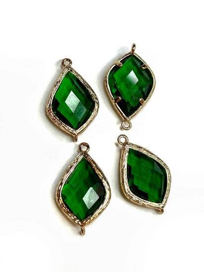 Picture of Connector glass Drop Emerald 24x13x6mm Gold Tone x1