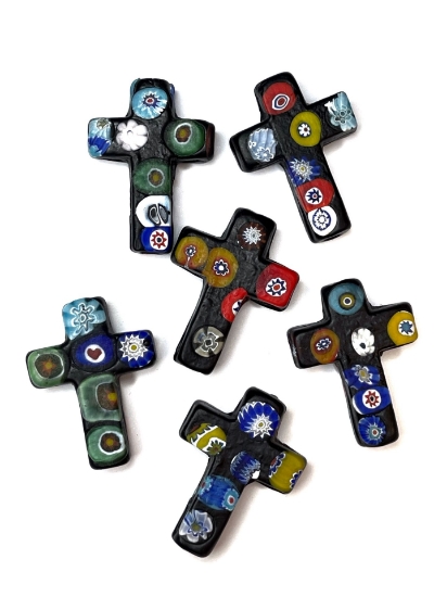 Picture of Millefiori Glass Bead Cross 37x27mm Black x1