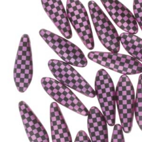 Picture of Glass Daggers 5x16mm Jet/Pink Laser Checkered x25
