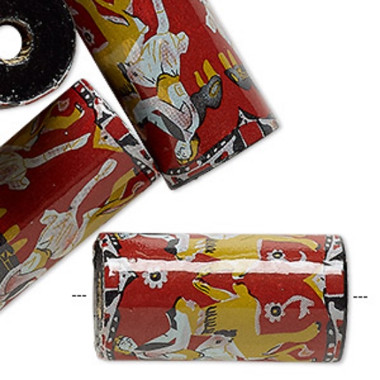 Picture of Vintage Wood Bead 30x16mm round tube with person riding a lion design paper coated x6