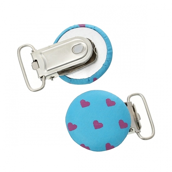 Picture of Pacifier Clip wood 41x28mm w/ Cloth Heart Pattern Blue x1 