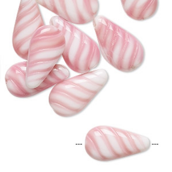Picture of Vintage German Glass Drop 18x10mm textured Pink and White x1