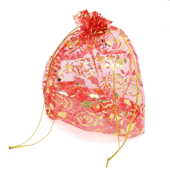 Picture of Organza Pouch 12x10cmm Red w/ golden rose x10