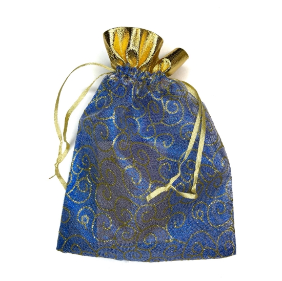 Picture of Organza Pouch 20x15cm Royal Blue w/ Gold band nature desgin x10