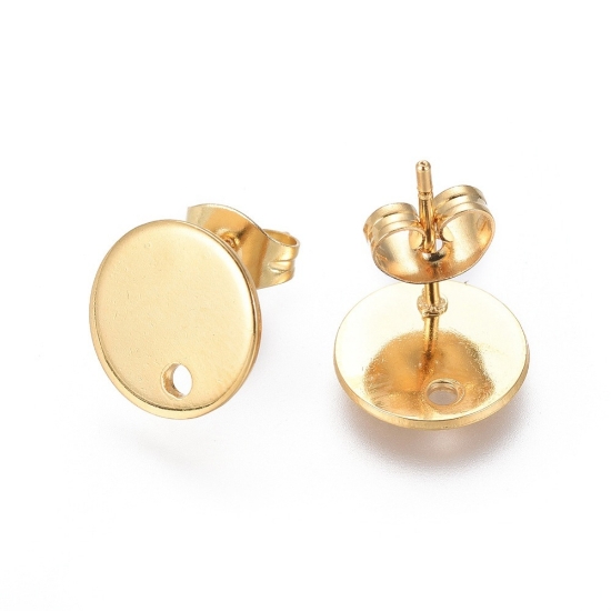 Picture of Stainless Steel Ear stud 10mm flat round w/ hole 24kt Gold Plated x2