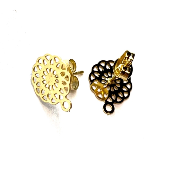 Picture of Stainless Steel Ear Stud Flower 11mm round w/ loop Gold x2