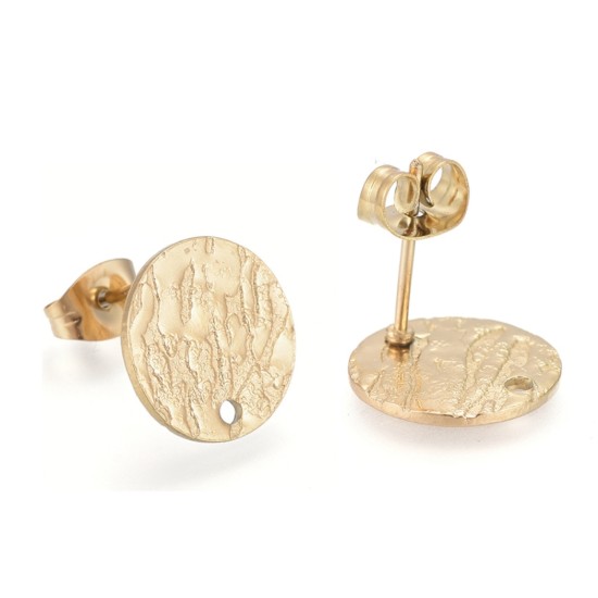 Bild von Stainless Steel Ear stud textured 12mm round w/ hole 24kt Gold Plated x10