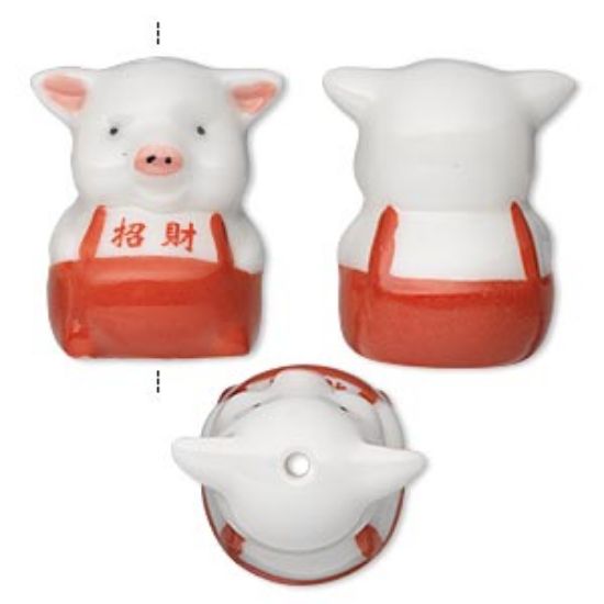Picture of Porcelain Bead Pig 39x35mm Red/White x1