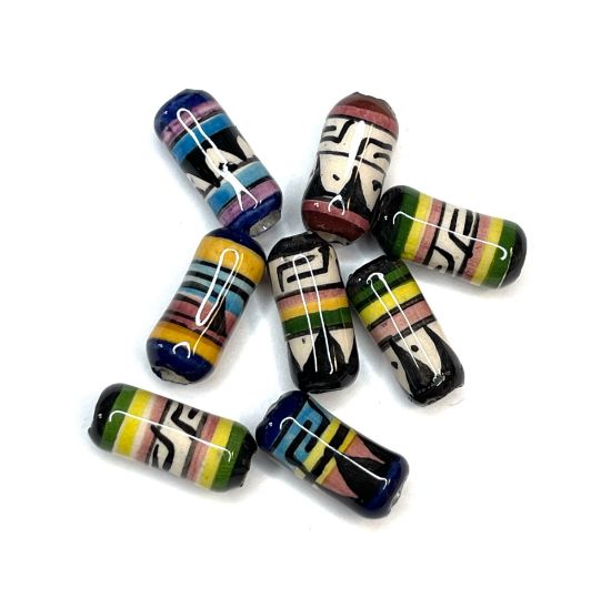 Picture of Bead mix, glazed ceramic, multicolored, 15x7mm-17x8mm round tube with hand-painted geometric design x10