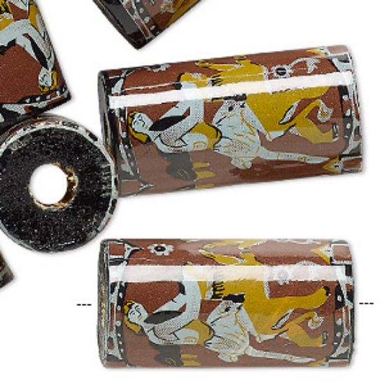 Picture of Vintage Wood Bead 31x15mm round tube with person riding a lion design paper coated x6 