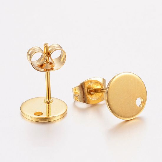 Picture of Stainless Steel Ear stud 8mm flat round w/ hole Gold Plated x2