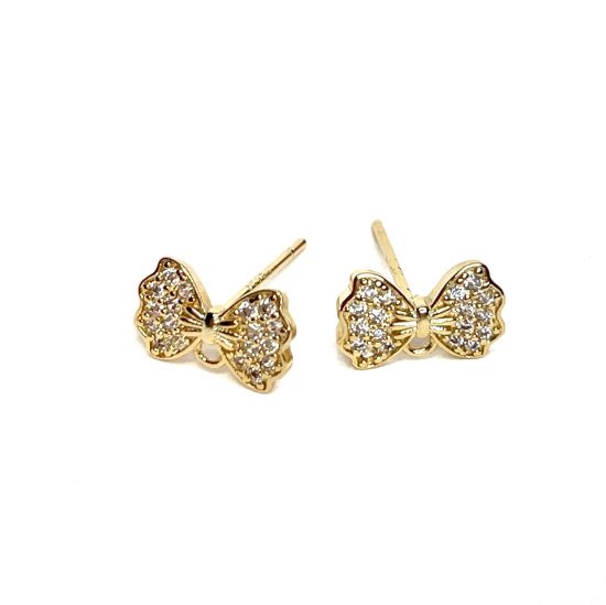Picture of Ear stud Bowknot 7x10mm w/ cubic zirconia and 925 Silver pin 14kt Gold Plated x2 
