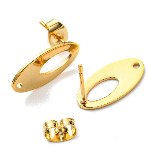 Picture of Stainless Steel Ear stud 16x8mm flat oval w/ hole 24kt Gold Plated x2 