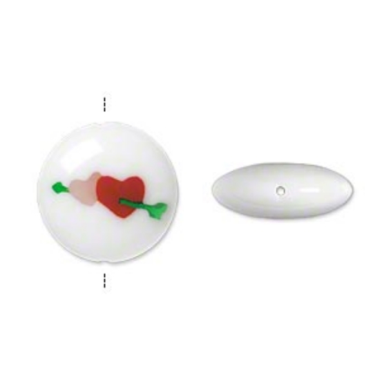 Picture of Lampwork Glass Bead Heart 16mm flat round White/Green/Red/Pink x2