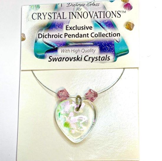 Picture of Dichroic Glass Pendant 22x20mm flat heart with 2x6mm Swarovski crystal bicones light rose x1 set