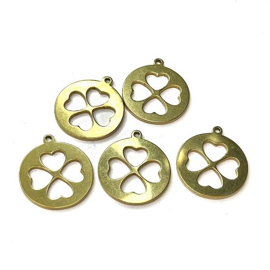 Picture of Stainless Steel Pendant round with Clover 15mm Gold x1