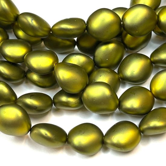 Picture of Vintage Glass Pearls 10x9mm irregular oval Olive Green Satin x50
