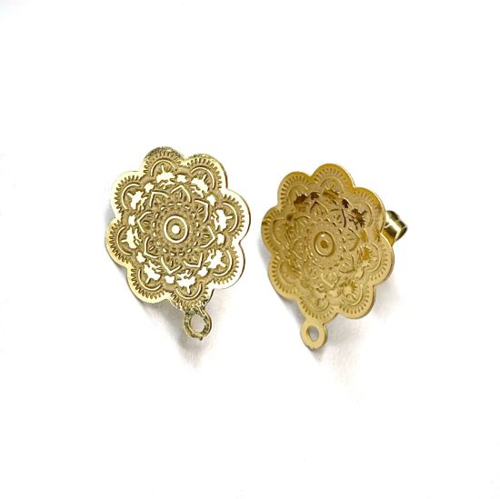 Picture of Stainless Steel Ear Stud Flower 15mm round w/ loop Gold x2