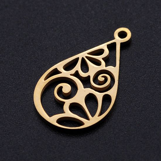 Picture of Stainless Steel Pendant Laser cut 22x13mm drop w/ flower design Gold x1