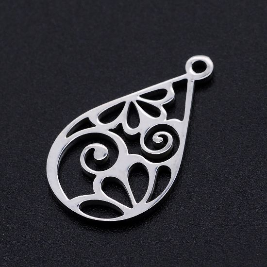 Picture of Stainless Steel Pendant Laser cut 22x13mm drop w/ flower design x1