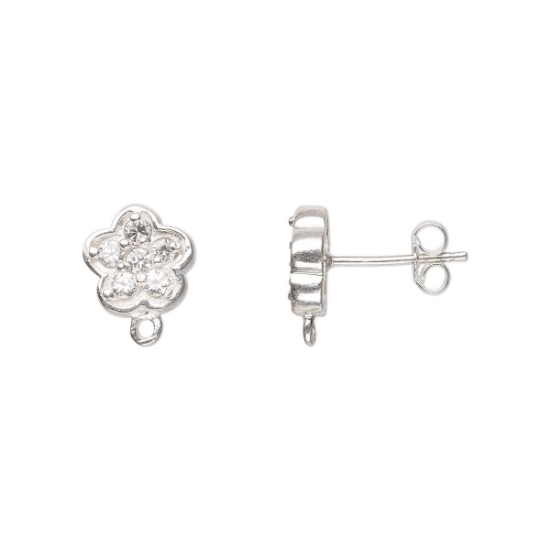 Picture of 925 Silver Ear stud 11x9mm flower w/ cubic zirconia w/ open loop x2