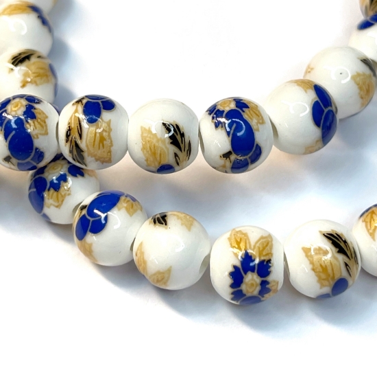 Picture of Porcelain bead 8mm w/ round Flower-Leaf Blue/Gold x34cm 