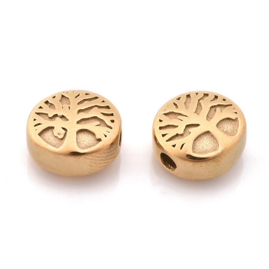 Picture of Stainless Steel bead 10x5.5mm flat round with Tree of Life Gold x1