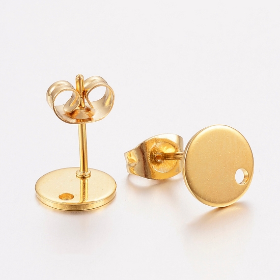 Picture of Stainless Steel Ear stud 8mm flat round w/ hole 24kt Gold Plated x10