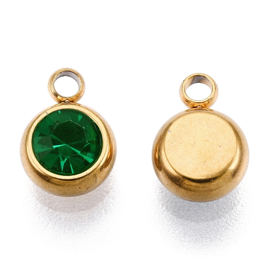 Picture of Stainless Steel Charm 6m round Emerald 18kt Gold Plated x1