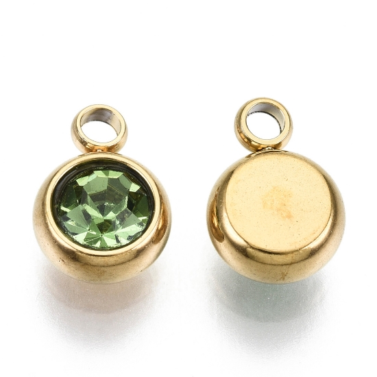 Picture of Stainless Steel Charm 6m round Peridot 18kt Gold Plated x1