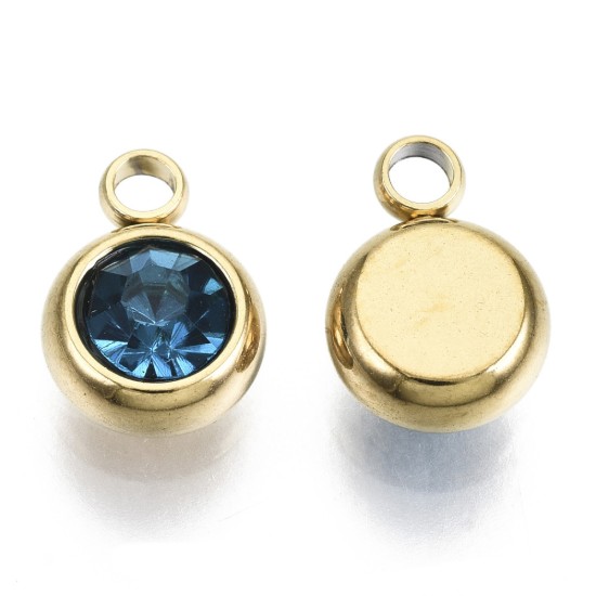 Изображение Stainless Steel Charm 6mm round Sapphire Blue 18kt Gold Plated x1