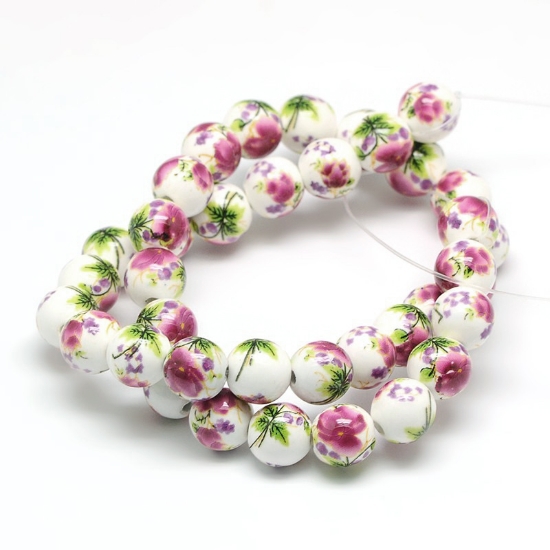Picture of Porcelain bead 10mm w/ round flower motif Old Rose x34cm
