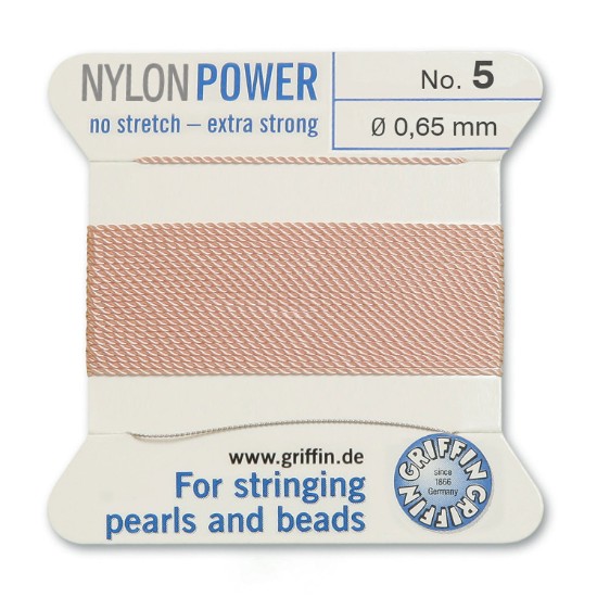 Image de Griffin Nylon Beading Cord & Needle size #5 - 0.65mm Light Pink x2m