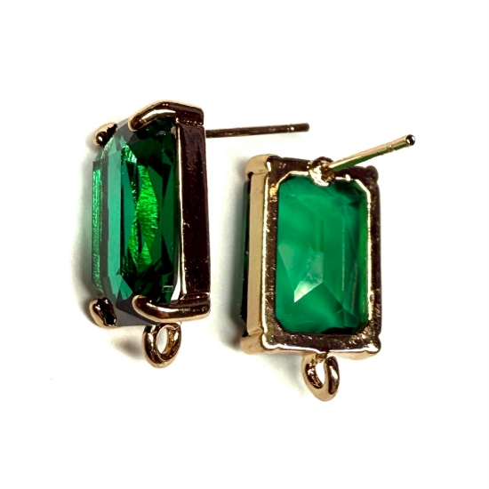 Picture of Ear Stud 14x10mm rectangle with loop and Emerald - Light Gold x2