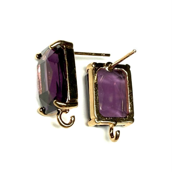 Picture of Ear Stud 14x10mm rectangle with loop and Amethyst - Light Gold x2