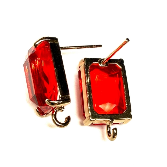 Picture of Ear Stud 14x10mm rectangle with loop and Red - Light Gold x2