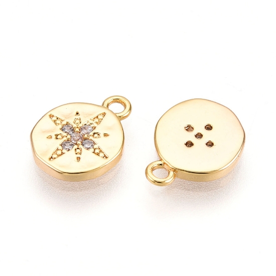 Picture of Brass Micro Pavé Cubic Zirconia Charm 7,5mm Flat Round with Star 18Kt Gold Plated x1
