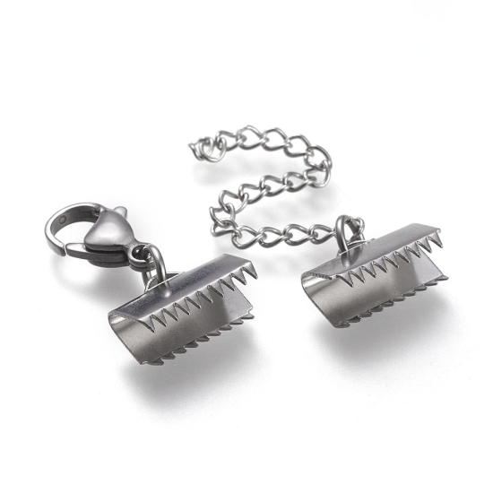Picture of Stainless Steel Curb Chain Extender with Lobster Claw Clasps and 15mm Ribbon Crimp Ends Set x1