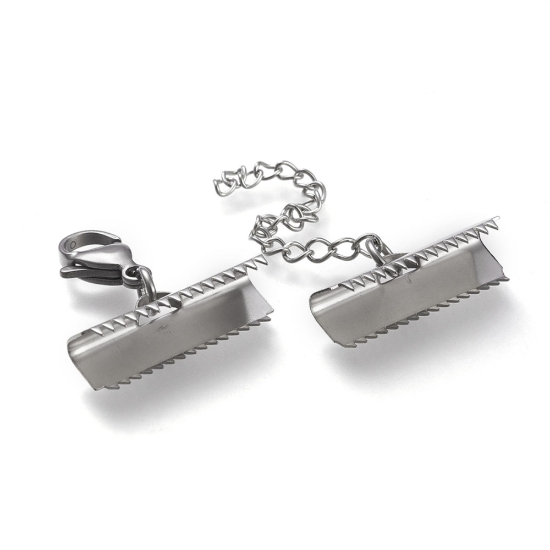Picture of Stainless Steel Curb Chain Extender with Lobster Claw Clasps and 25mm Ribbon Crimp Ends Set x1
