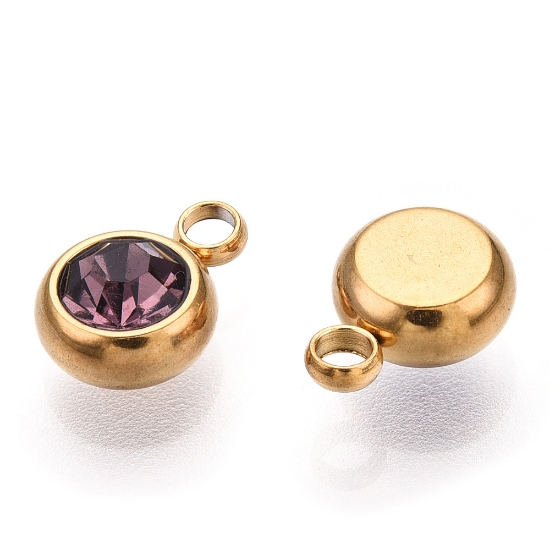 Picture of Stainless Steel Charm 6mm round Amethyst 18kt Gold Plated x1