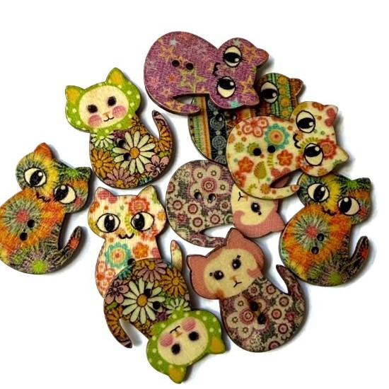 Изображение Wooden Button Cat 30x22mm Color Mix x10