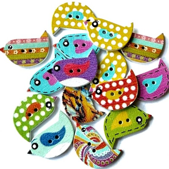 Изображение Wooden Button Bird 14x23mmColor Mix x10
