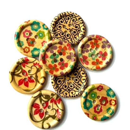 Изображение Wooden Button 25mm round Flower Mix-x10