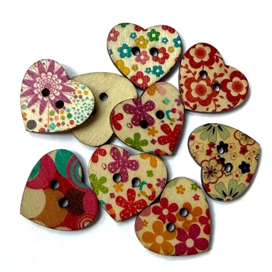 Изображение Wooden Button Heart 24mm Color Mix-x10
