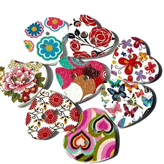 Изображение Wooden Button Heart 25mm Color Mix-x10
