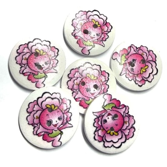 Afbeeldingen van Wooden Button 30mm round Flower Girl Pink x10