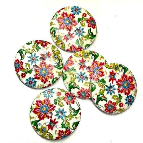 Afbeeldingen van Wooden Button 30mm round Flowers Multi Color x10